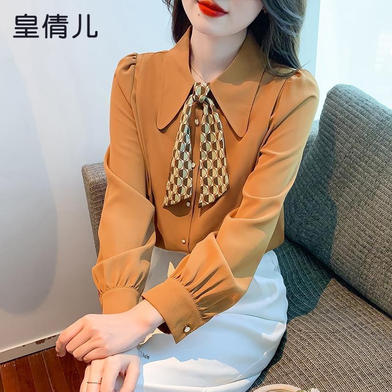 

Ретро шифоновая блузка с длинным рукавом для женщин Новый высококлассный топ Свободный и модный S оранжевый