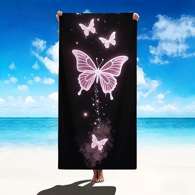 Black Pink Glitter Butterfly Print Beach Towel Quick Dry Soft Absorbent Sand Free Towel for Women Girls Summer Pool Gym Travel