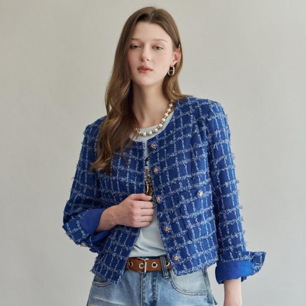 Maxza Fringe Check Tweed No Collar Jacket Zf04qj014nh Blue/FREE