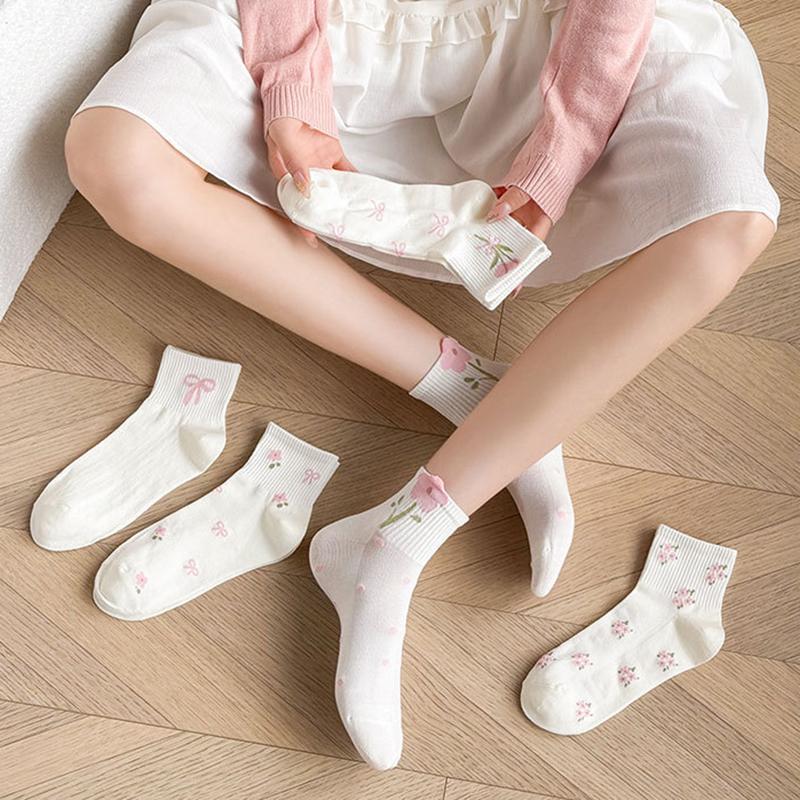 5/10 Pairs Women Bow Print Mid Tube Socks Spring Summer Sweat Absorbing Breathable Sweet Styles Flower Pattern Casual Socks