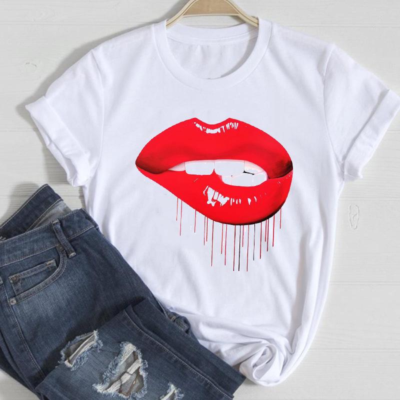 Sommar Dammode Tryckta Läppar Ren Bomull Rund Hals Lös T-shirt Dam