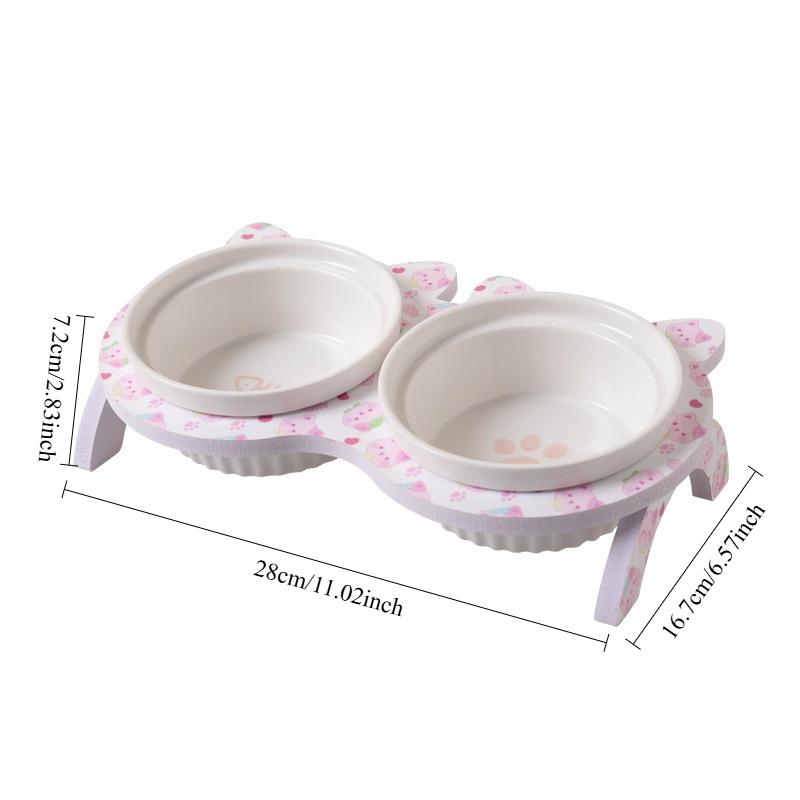 3pcs/set (1pc rack + 2pcs bowl) Non-Slip Ceramic Double Pet Food Bowl for Cats and Dogs - Prevents Spills and Slips