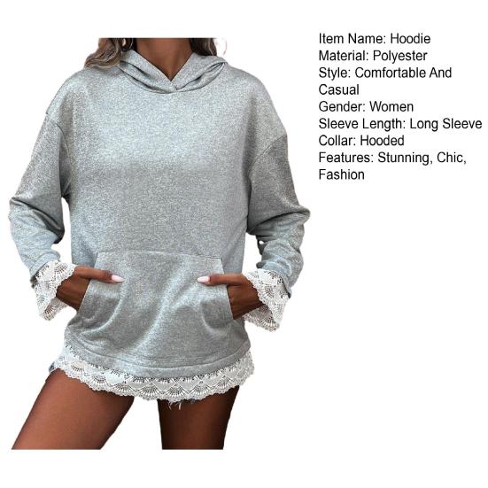 Women's Oversized Lace Trim Hoodie Fall Casual Long Sleeve Sweatshirt Loose Pullover Tops with Pocket