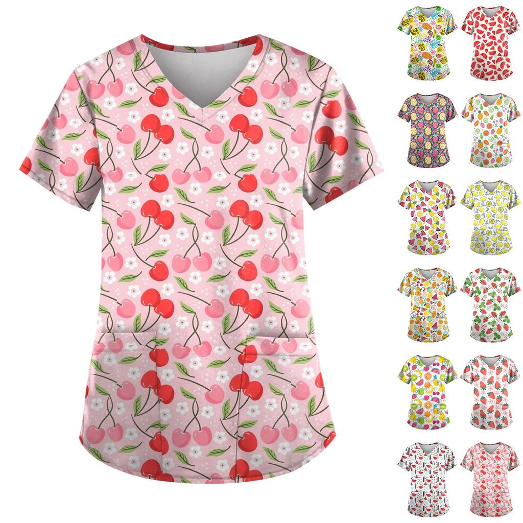 Bedruckte Scrub-Arbeitsuniform-Oberteile für Damen in Übergröße, kurzärmelig, V-Ausschnitt, lustige T-Shirts, Arbeitskleidung, T-Shirt mit Taschen