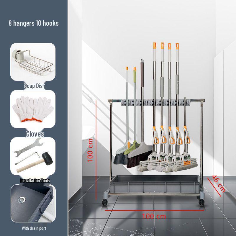 Movable Stainless Steel Mop Storage Rack with Hooks for Floor-Standing Draining in Schools and Factories