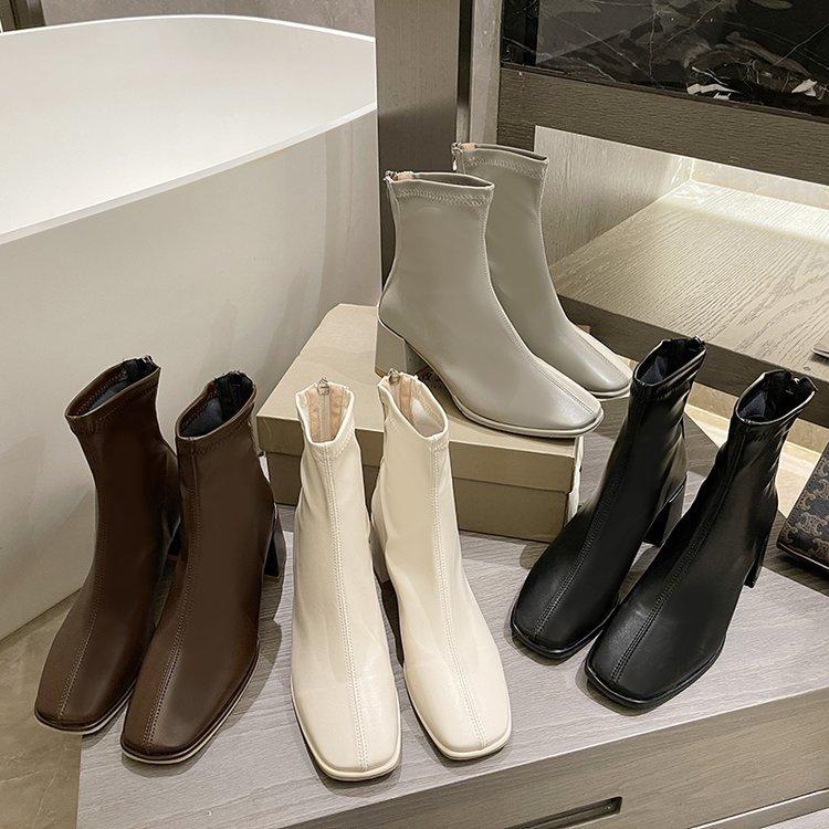 Retro Short Boots Women's Autumn New Square Head Thick Heel Fashion Boots Rear Zipper High Heel Thin Boots
