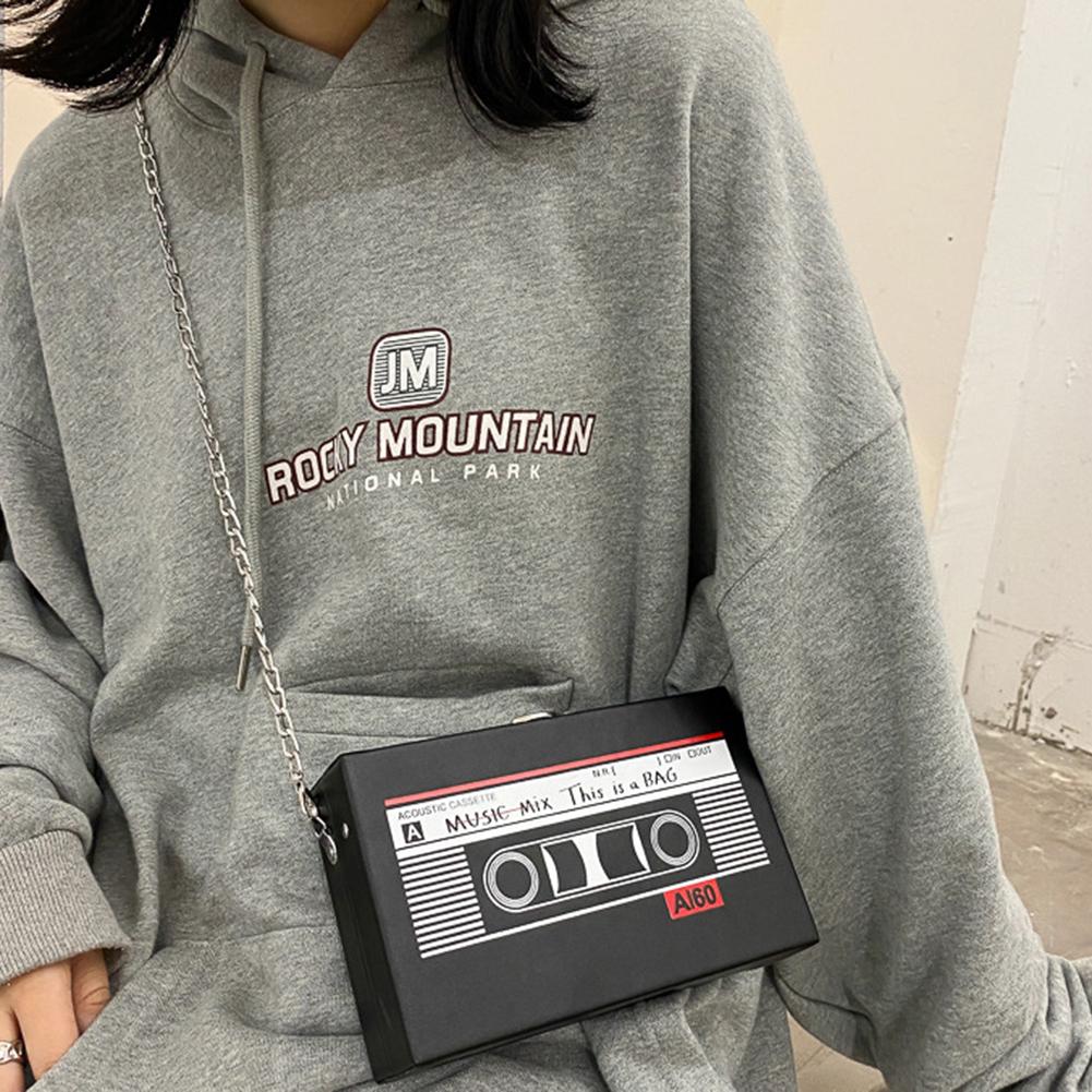 Women Mini Chain Purse Radio Shape Vintage Satchel Bag PU Leather Tape Recorder Print for Women Teen Girls