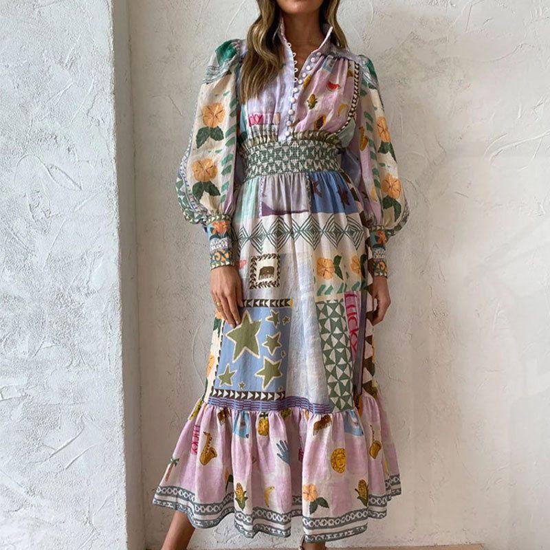 Lace up Printed Dress New Arrival Female Fashion Retro Lantern Sleeve Lace Printing Long Sleeves Dress