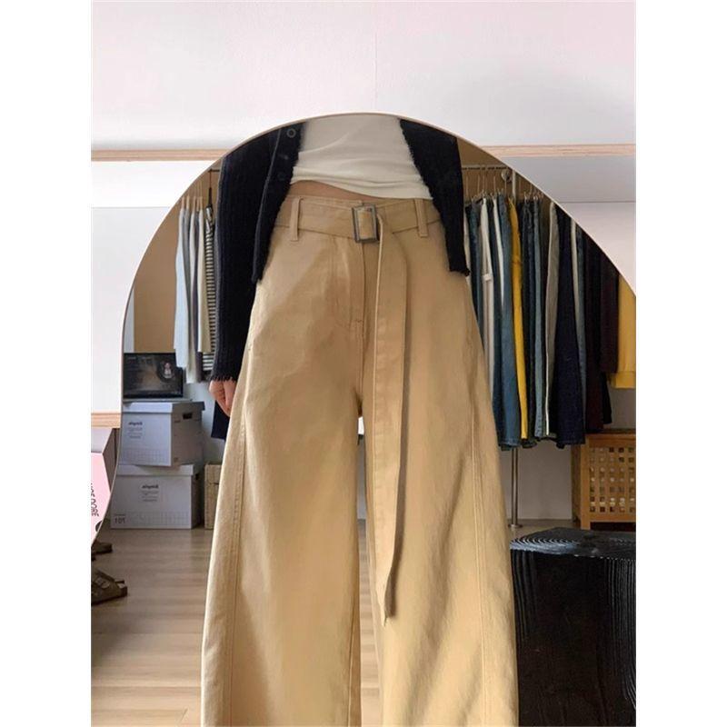 Plus Size Women's High Waist Khaki Wide Leg Jeans - Autumn Slimming Straight Pants
