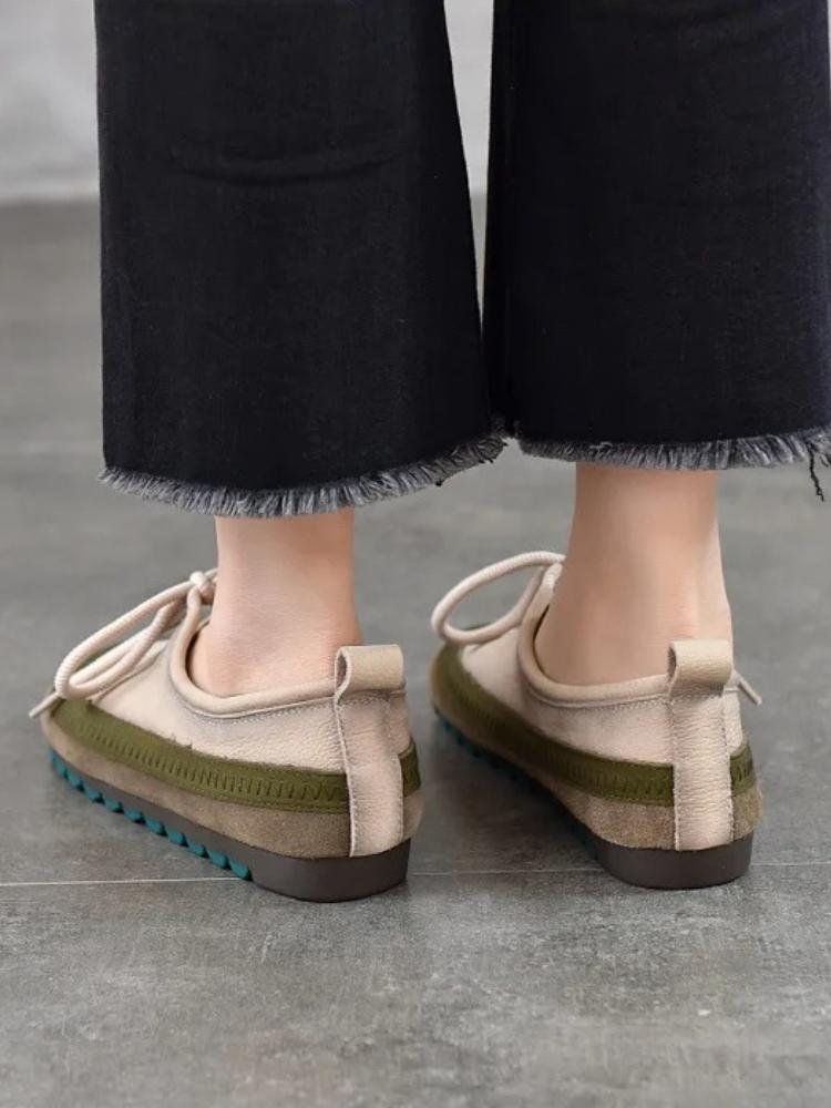 Johnature Soft Cowhide Women's Flat Shoes Genuine Leather Round Toe Mixed Colors Lace Up Casual Shoes