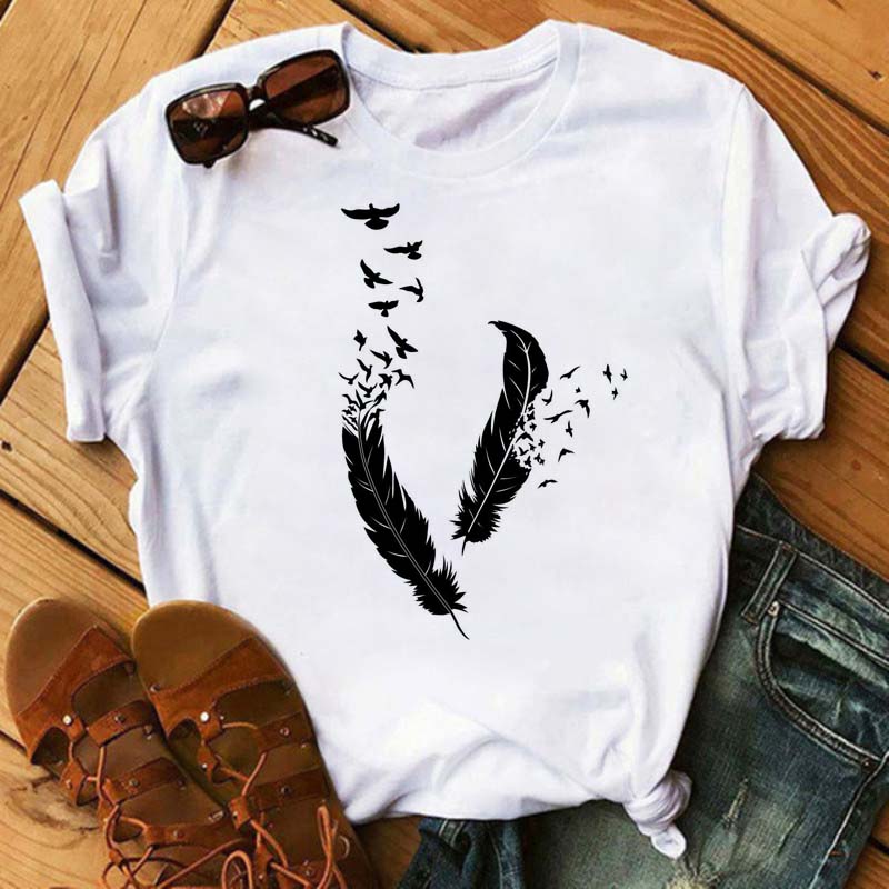 Fashion Women T Shirt Funny Butterfly Feather Print Tshirt T Shirt Summer Short Sleeve Tops Tee Female Feather T-shirts