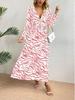 Zebra Print V-Neck Midi Dress - Elegant, Waist-Hugging, Long Sleeve, Autumn Fashion