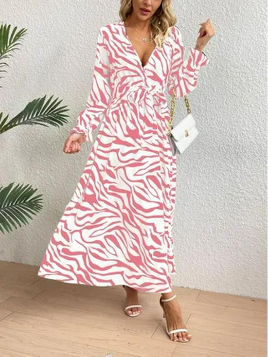 Zebra Print V-Neck Midi Dress - Elegant, Waist-Hugging, Long Sleeve, Autumn Fashion