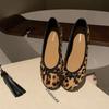 Sheepskin version~ Leather round head light mouth versatile bow leopard print flat sole shoes women's Mary Jane ballet shoes ladyshoes
