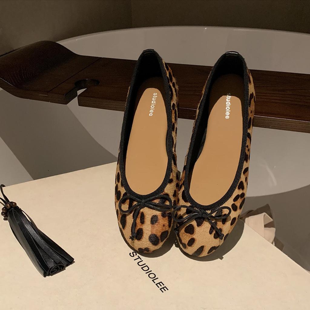 Sheepskin version~ Leather round head light mouth versatile bow leopard print flat sole shoes women's Mary Jane ballet shoes ladyshoes