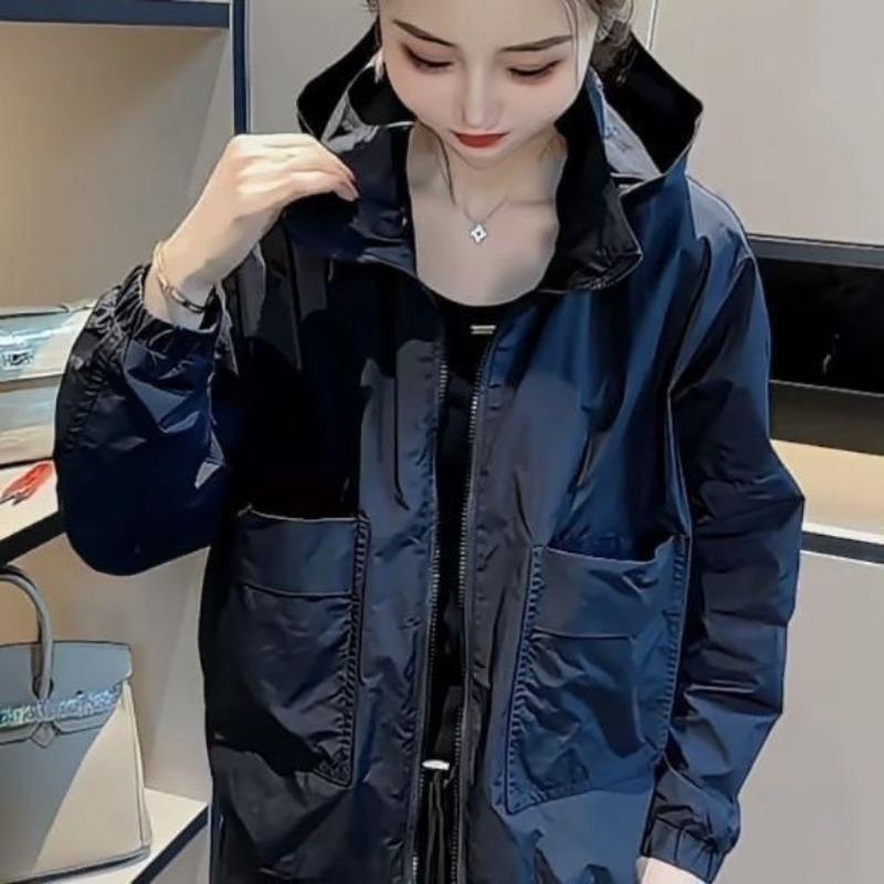 Trendy Women Windbreaker Jacket Spring Autumn Loose Fit Hooded Zip Up Outerwear Casual Top