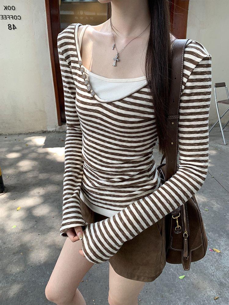 Korean-Style Coffee Striped V-Neck Slimming Two-Piece Women's Long Sleeve Top for Autumn/Winter