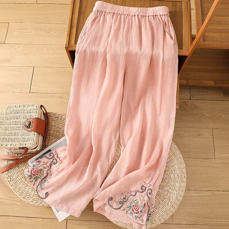 

Хлопковые брюки женские летние свободные эластичные повседневные с вышивкой с высокой талией тонкие большого размера длинные брюки XXXL розовый