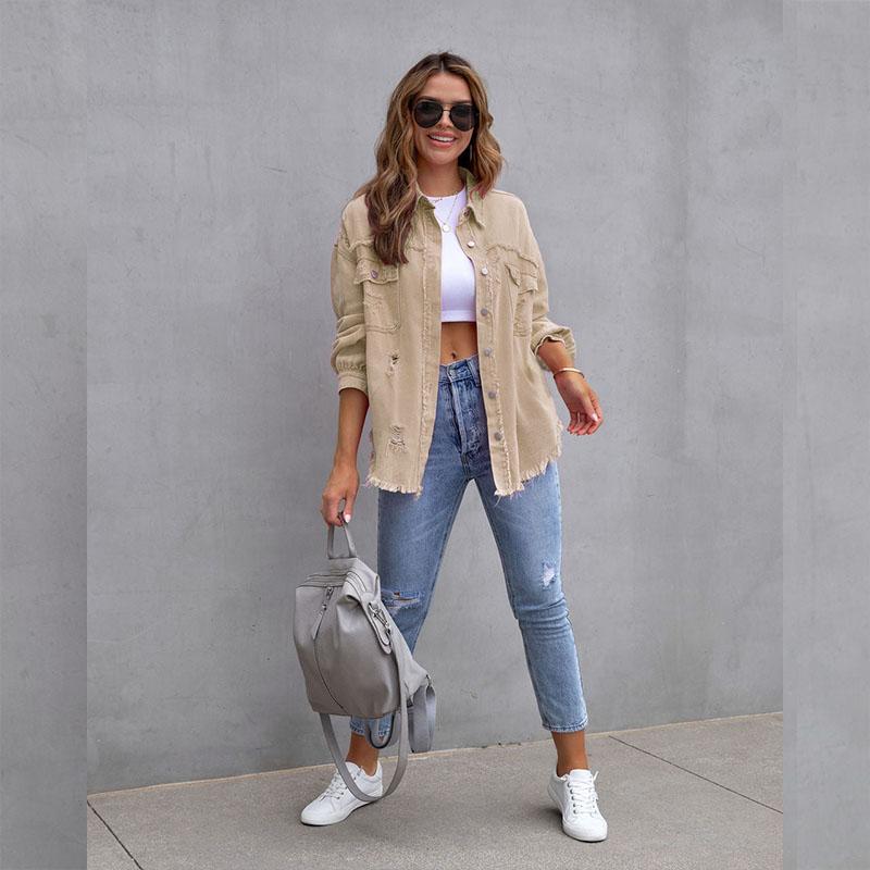 Damen Herbst- und Winter-Jeansjacke, langärmeliges, lässiges Revers-Oberteil für Damen