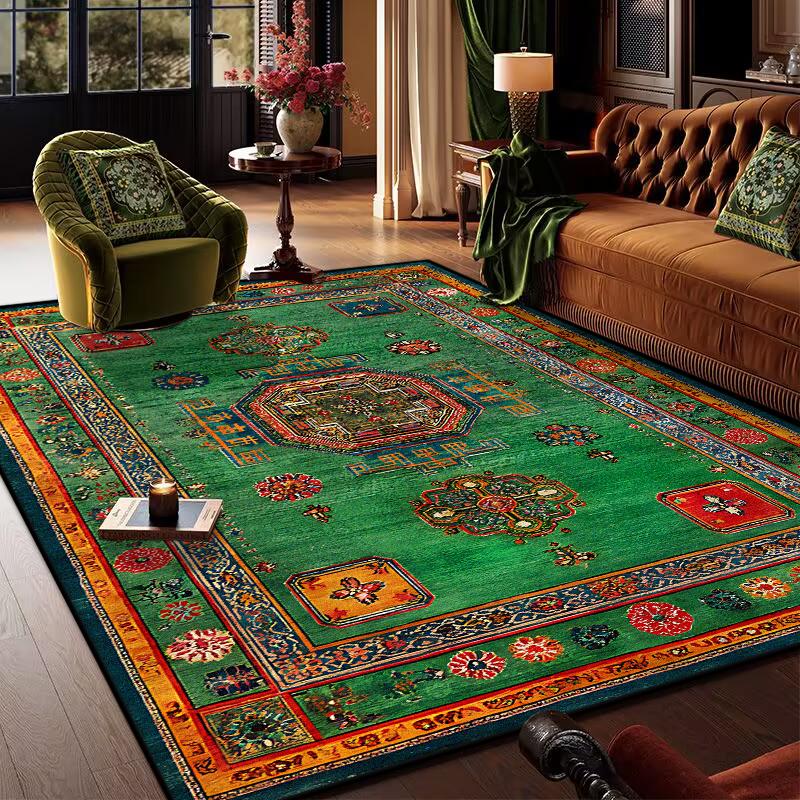 Retro Bohemian Persian Green Carpet for Living Room Comfortable Soft Non-slip Bedroom Rugs Classical Entrance Door Mat Washable