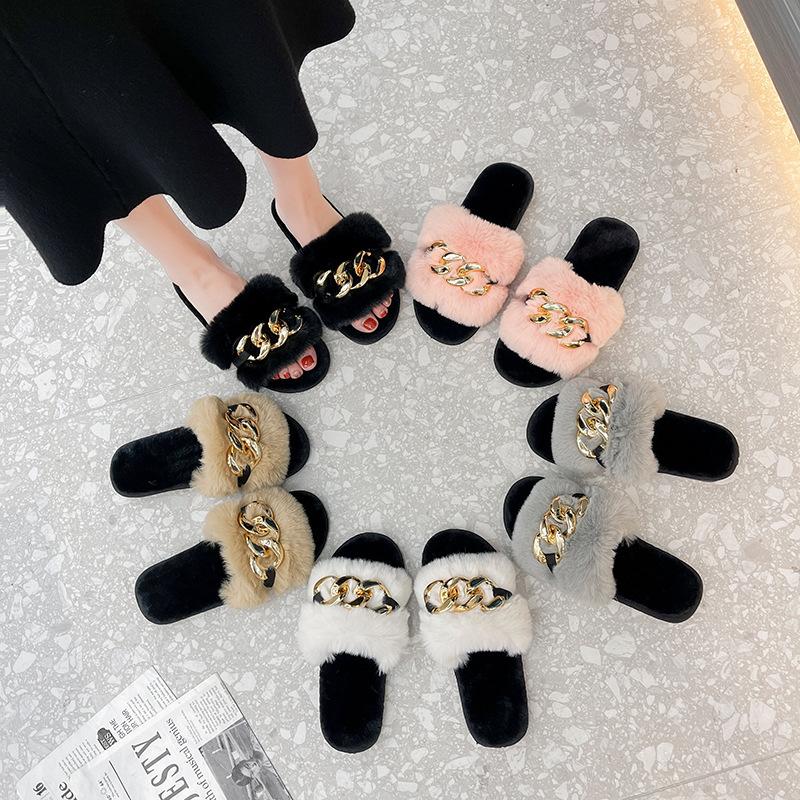 Casual Outdoor Plush Shoes Fashion Flat-bottomed Rhinestone Plush Slippers Women Size 43 Women Shoes Slippers Flat With