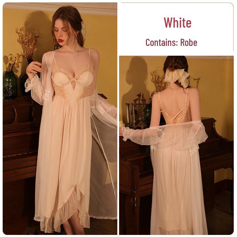 Elegant Satin & Lace Deep V Backless Nightgown and Robe Set J3343