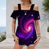 Plus Size Women Cold Shoulder Flutter Sleeve T Shirt Cosmic Swirl Galaxy Print Short Sleeve Top