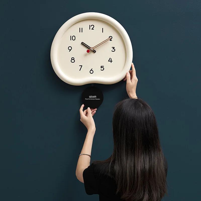 2026 Modern Silent Large Wall Clock with Creamy Style Swinging Pendulum Fresh Minimalist Design Clock Living Room Home Decor