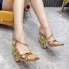 Fashion Square Head Sandals Womens Shoes Gold Summer Sexy Peep Toe Narrow Band Ankle Buckle Strap Pumps Wedding Party Shoe