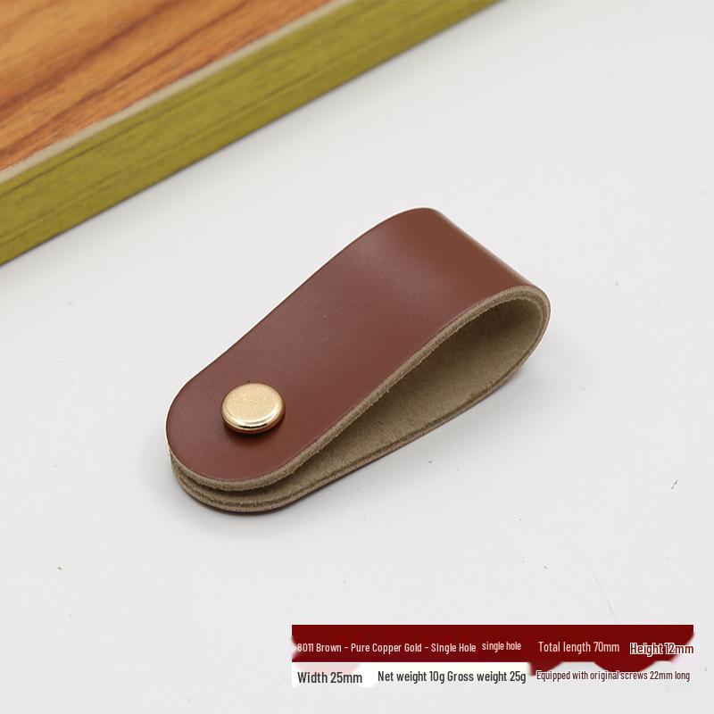 Leather Handle for Cabinet Door and Drawer - Single Hole, Pure Copper Accents