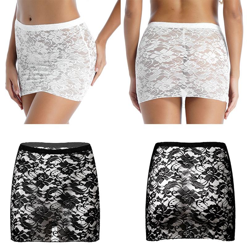 Womens Flower Lace Skirt See Through Sheer Fabric Mid Waist Elastic Waistband Nightwear Mini Skirt