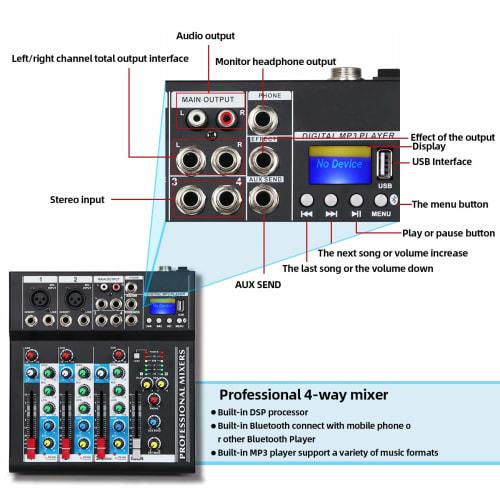 Depusheng HT4 Bluetooth Compatible Professional Portable Digital DJ Console with USB 4-Channel Mixer Audio Interface Mixing Board for Studio Recording