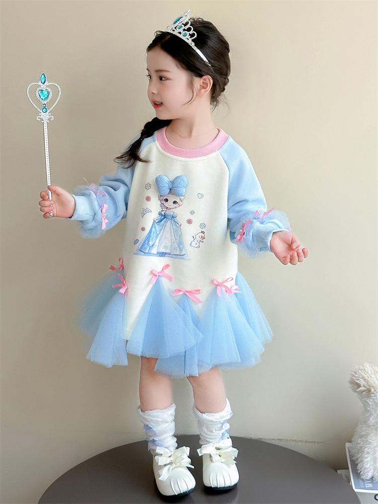 Autumn 2025 Girls' Cartoon Sweatshirt Mesh Dress with Bowknot - Sweet Baby Princess Dress