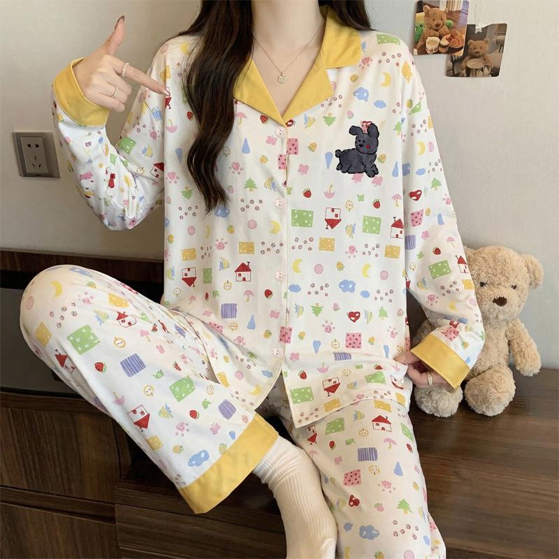 Spring and Autumn New Imitation Cotton Pajamas Women's High-end Plaid Long-sleeved Cartoon Embroidered Loungewear Two-piece Set