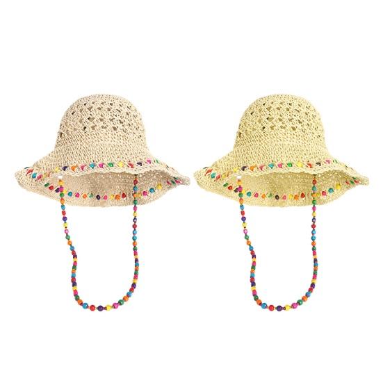 Straw Hat Large Brim Sun Protection Wide Brim Beach Hat with Ethnic Beads Chain Decoration Hollow Breathable Basin Hat