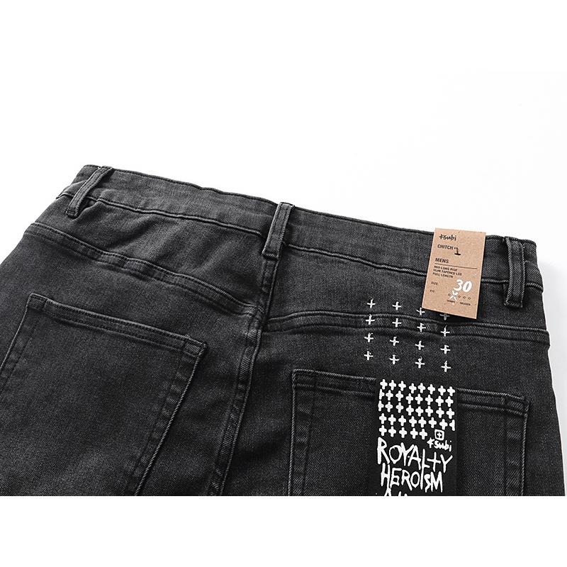 Men's Black Washed Distressed Straight Leg Jeans, Ripped Patchwork Denim Pants