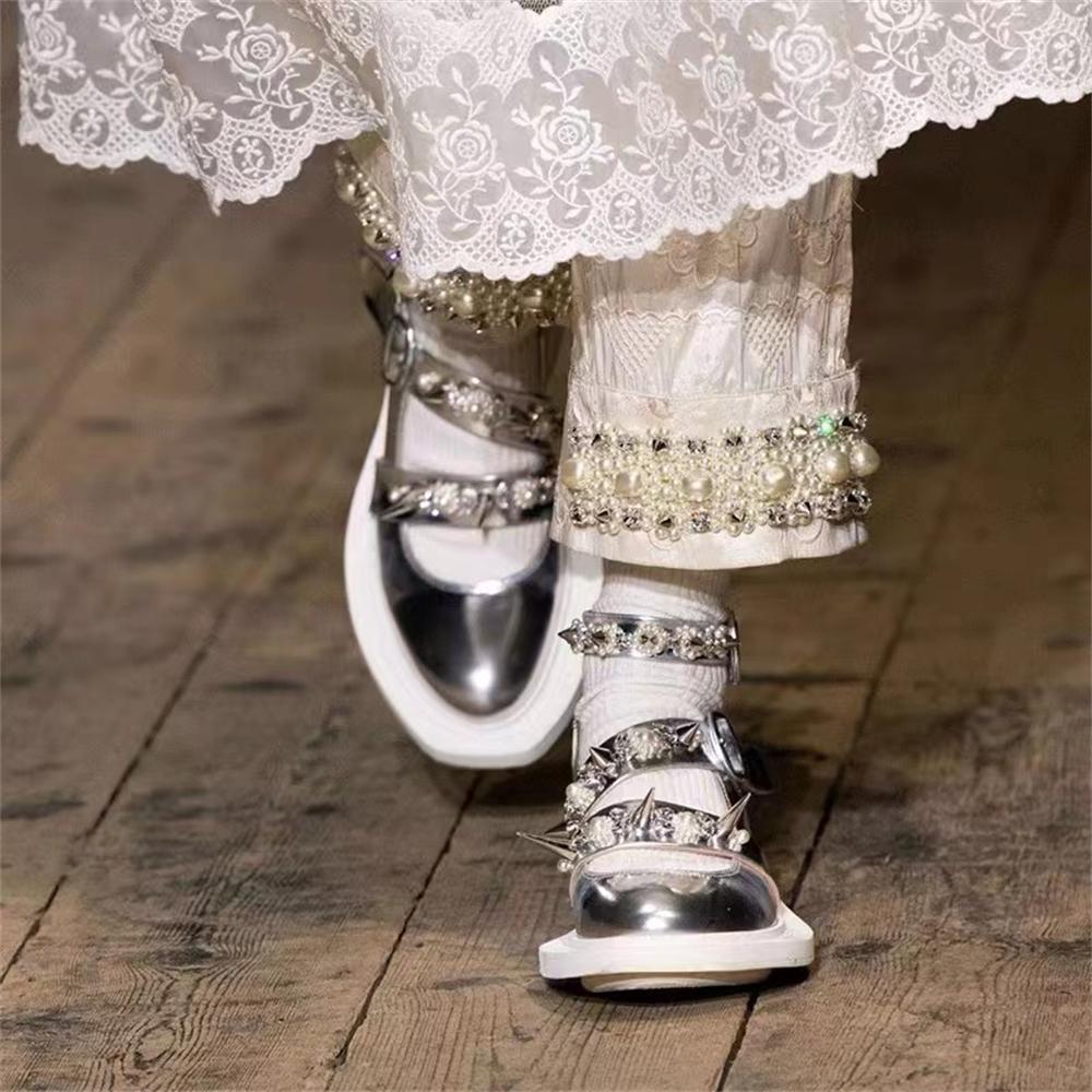 Fashion New Style Round Toe Riveted High Heels Women's Thick Heels Ankle Frenulum Microfiber/Satin Fashion Pearl  Ladies Large Size 43