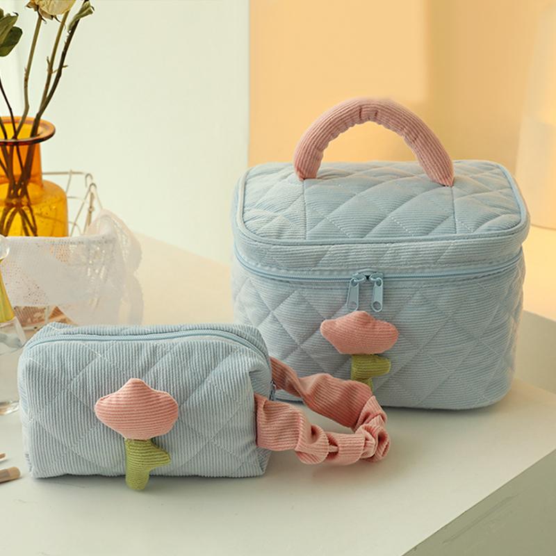 *Cute Corduroy Makeup Storage Bag Portable Travel Cosmetic Tulip Pouch Toiletry Organizer Large Capacity Flower Pattern Bags