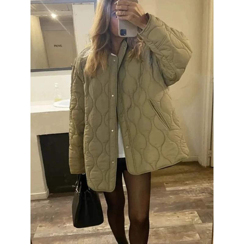 Women's Solid Loose Quilted Jackets Coat O-Neck Long Sleeve Double Pocket Casual Overcoat Fall Winter New Female Chic Coat