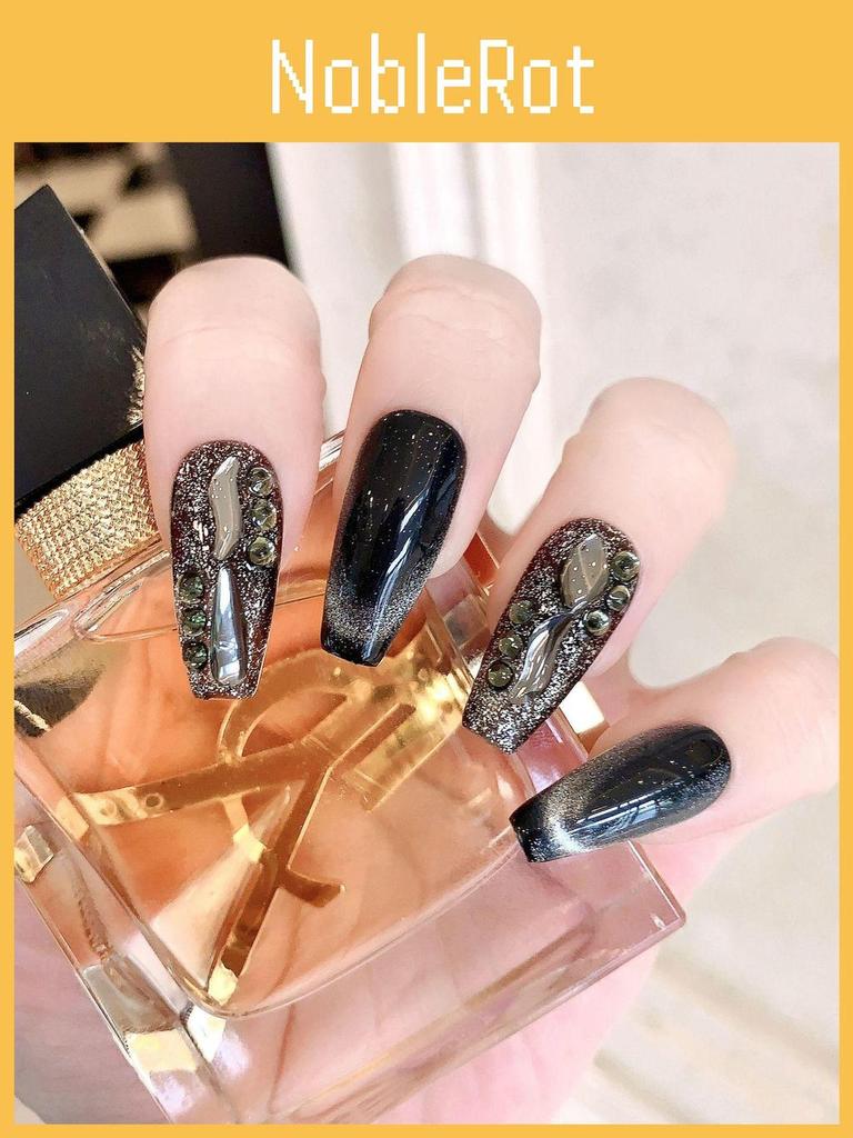 Handmade Black Cat Eye False Nails With Sparkling Rhinestones Stylish And Luxurious