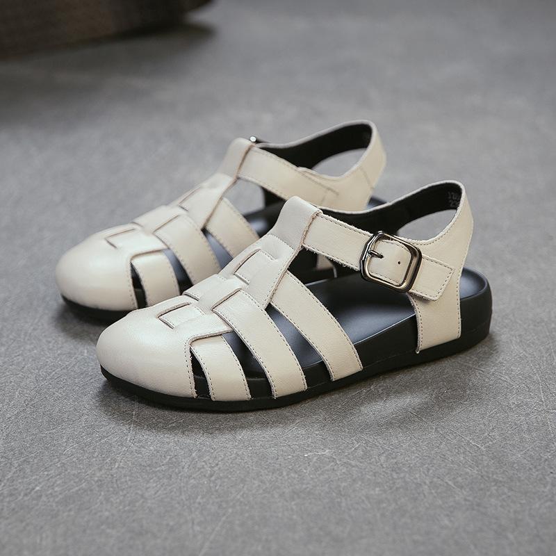 

Johnature Casual Round Toe Flat Sandals Genuine Leather Breathable Commuting Buckle Strap Women s Shoes 35 бежевый