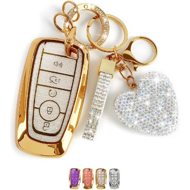 Key Fob Cover with Diamond Bling Keychain for Women, Compatible with Ford Fusion Escape Expedition Explorer Edge F150 F250 F350 etc, TPU Key Case and