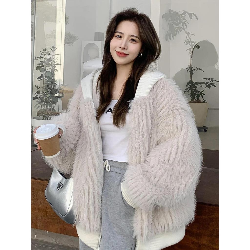 VAYLA Spring Winter Hairy Shaggy Soft Thick Warm Faux Fur Coat Women with Hood Fluffy Jacket Fake 2 Piece Clothes