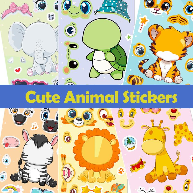 Children Cartoon Animal Stickers Kit 6 Sheets Face Make-a- Decals ideal for Notebook Phone Laptop Stationery Decor Gifts Ideal For Kids