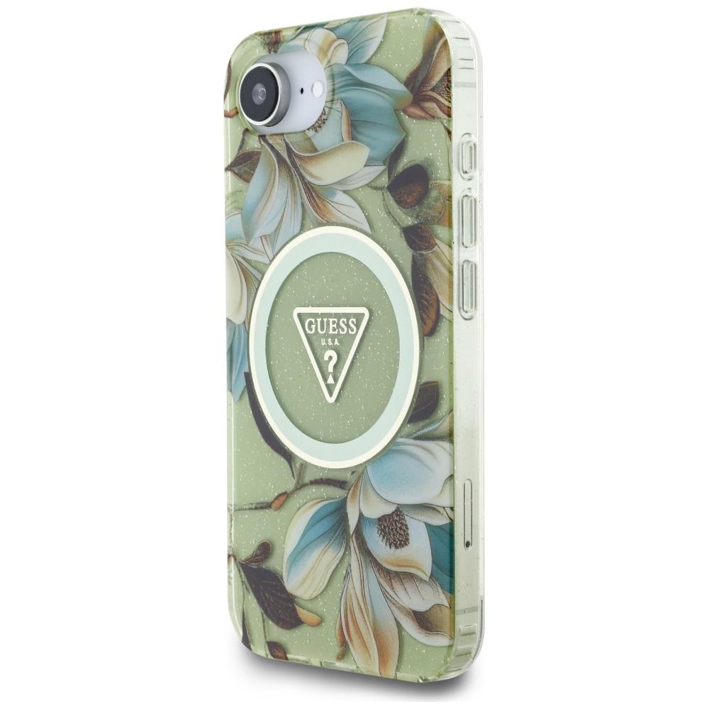 Guess Iml Metal Glitter Flowers Case Triangle Magsafe For iPhone 16E Green