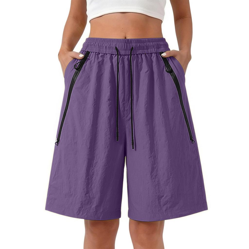 Women Loose Fit Casual Five-Point Shorts Quick-Dry Breathable Lightweight Cargo Pants with Adjustable Waistband and Zipper Pockets