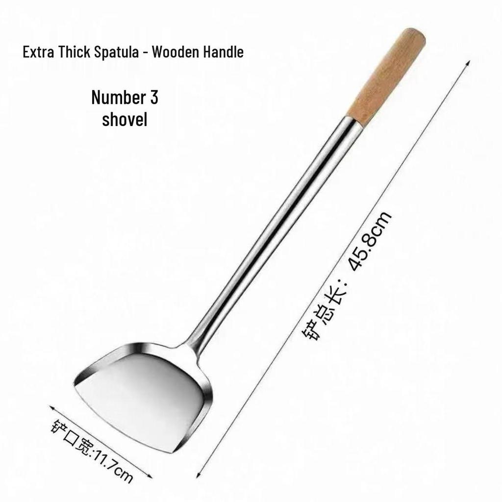 Chef's Long Spatula & Spoon - Wooden Handle, Stainless Steel, Ideal for Stir-Fry & Soup, Thickened for Durability, Perfect Kitchen Tool