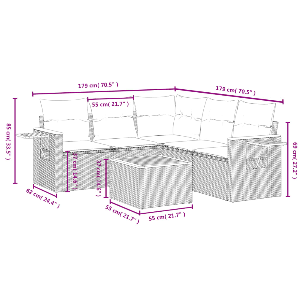 Vidaxl 6-Cz. Garden Furniture Set With Cushions, Beige, Poly Rattan