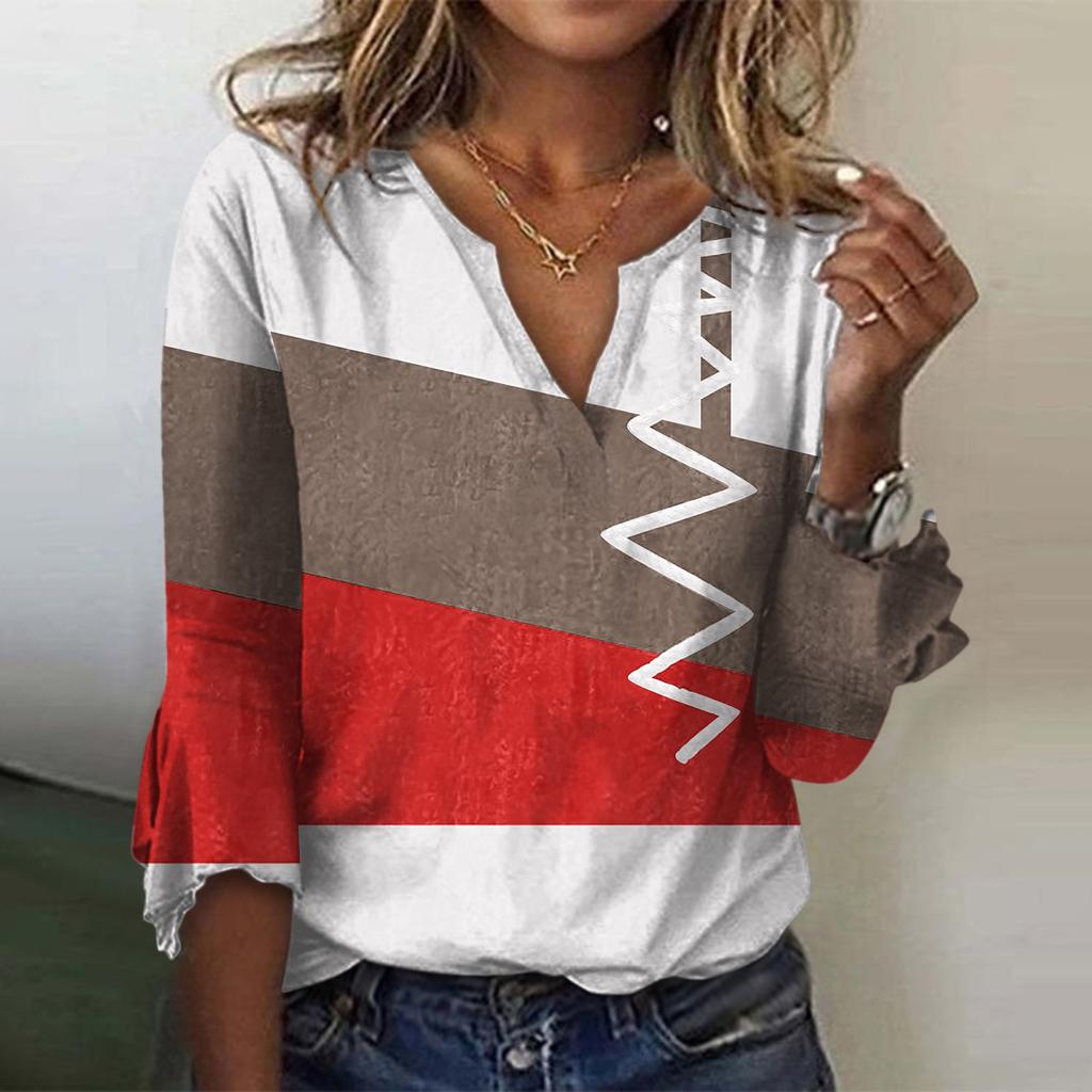Damenmode V-Ausschnitt Druck 3/4 Ärmel Druck T-Shirt Slim Top Lässige Oberteile