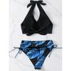 Blätterprint Patchwork Damen Badeanzug Sexy V-Ausschnitt Bikini Set Neckholder Rückenfrei Bademode Push-Up Kordelzug Badeanzug Strandmode